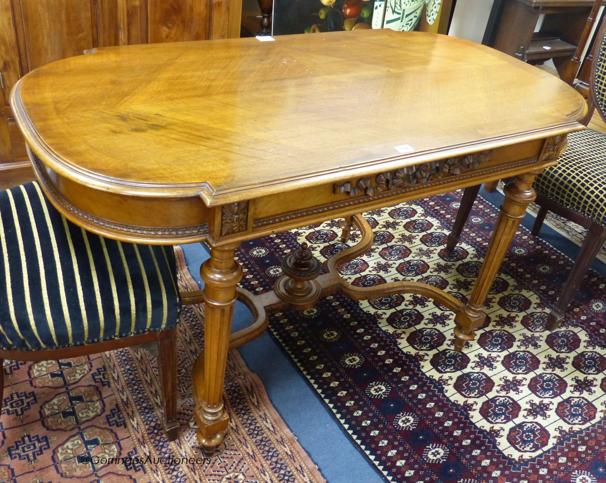 A mid 19th century French walnut centre table, width 130cm, depth 70cm, height 74cm